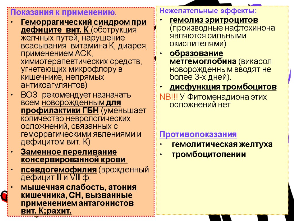 Показания к применению. Геморрагический синдром при дефиците вит. К (обструкция желчных путей, нарушение всасывания